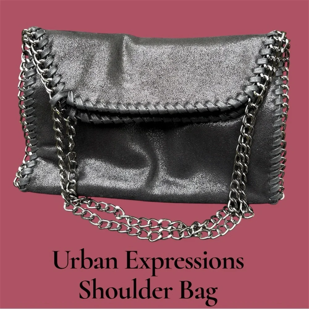Urban Expressions Black Shimmer Chain-Edge Shoulder Bag. Vegan! NWOT!